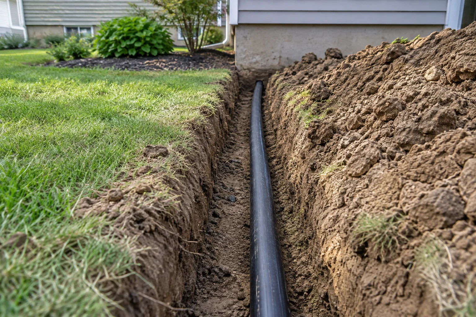 A water supply pipe in an open trench leading to a home