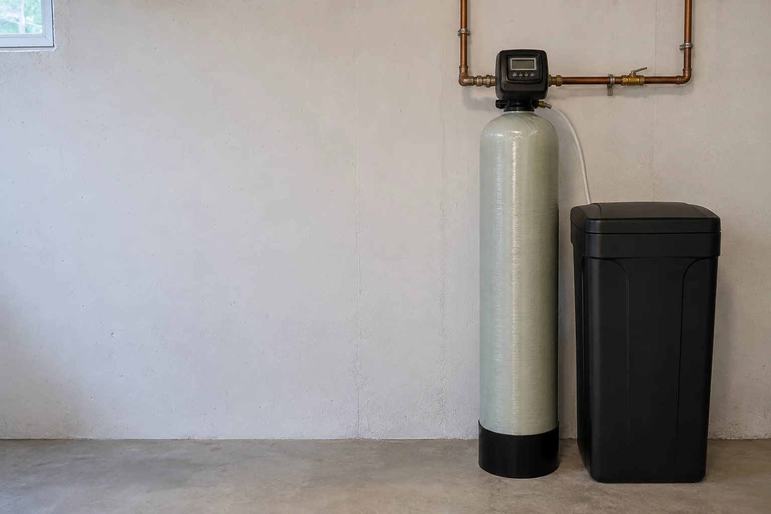 A water softener resin tank beside its separate brine tank
