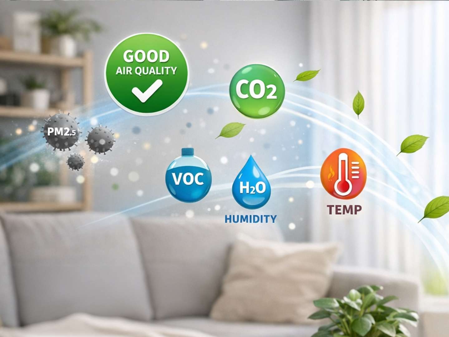 Diagram of indoor air quality factors including PM2.5, CO2, VOC, humidity, and temperature