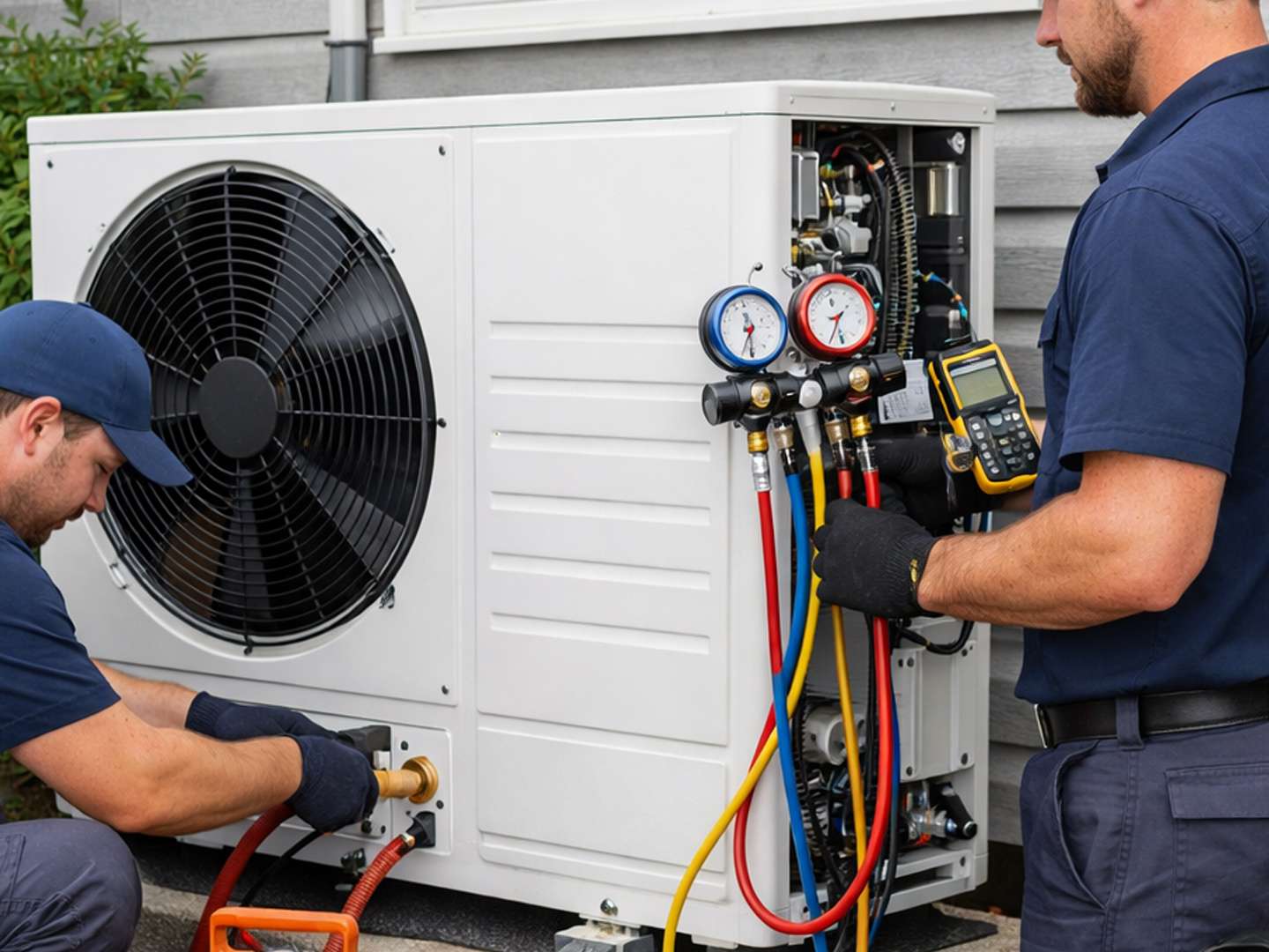 Two technicians working on a heat pump installation.