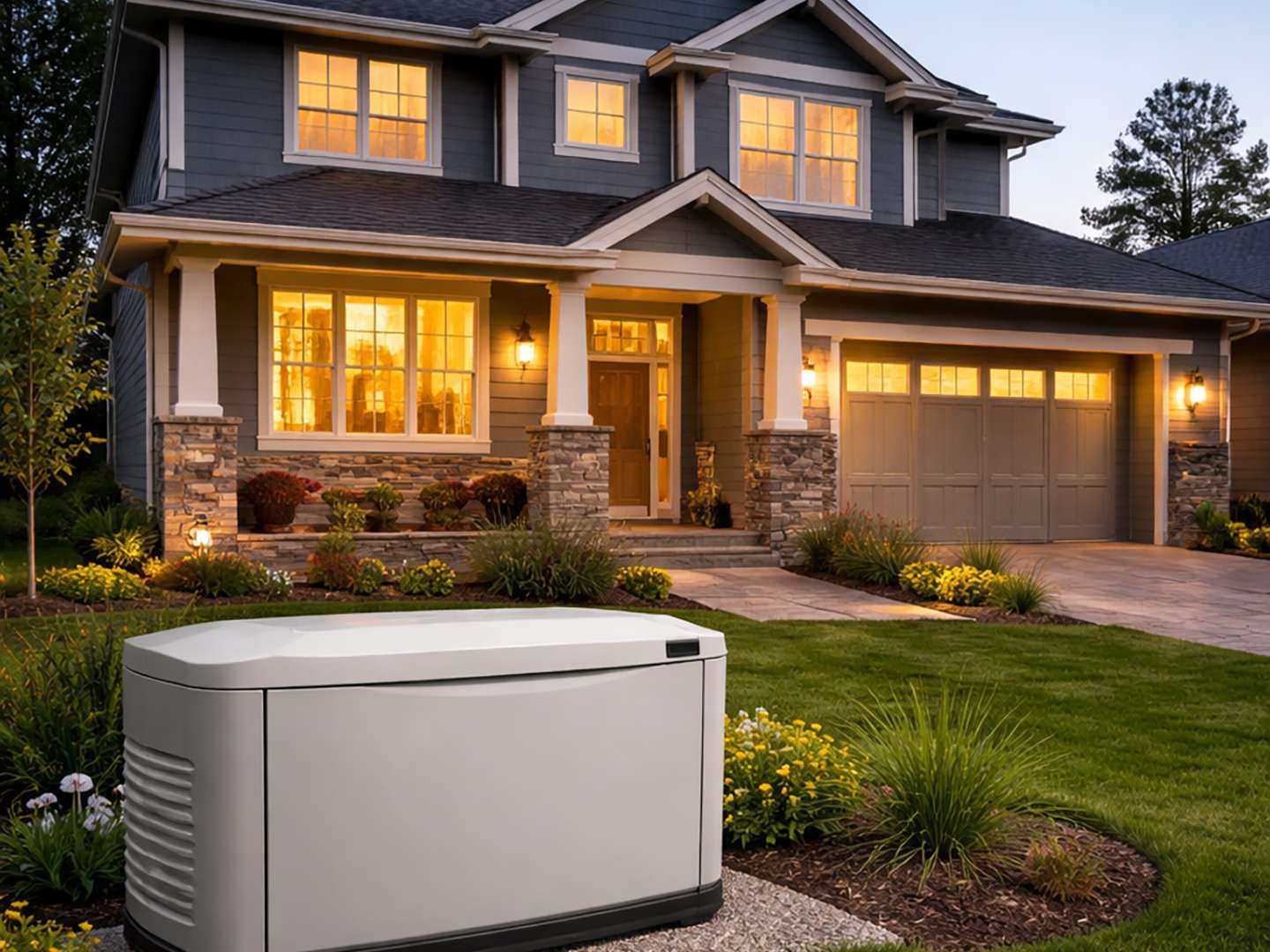 View of a home showcasing a home generator in the front yard.