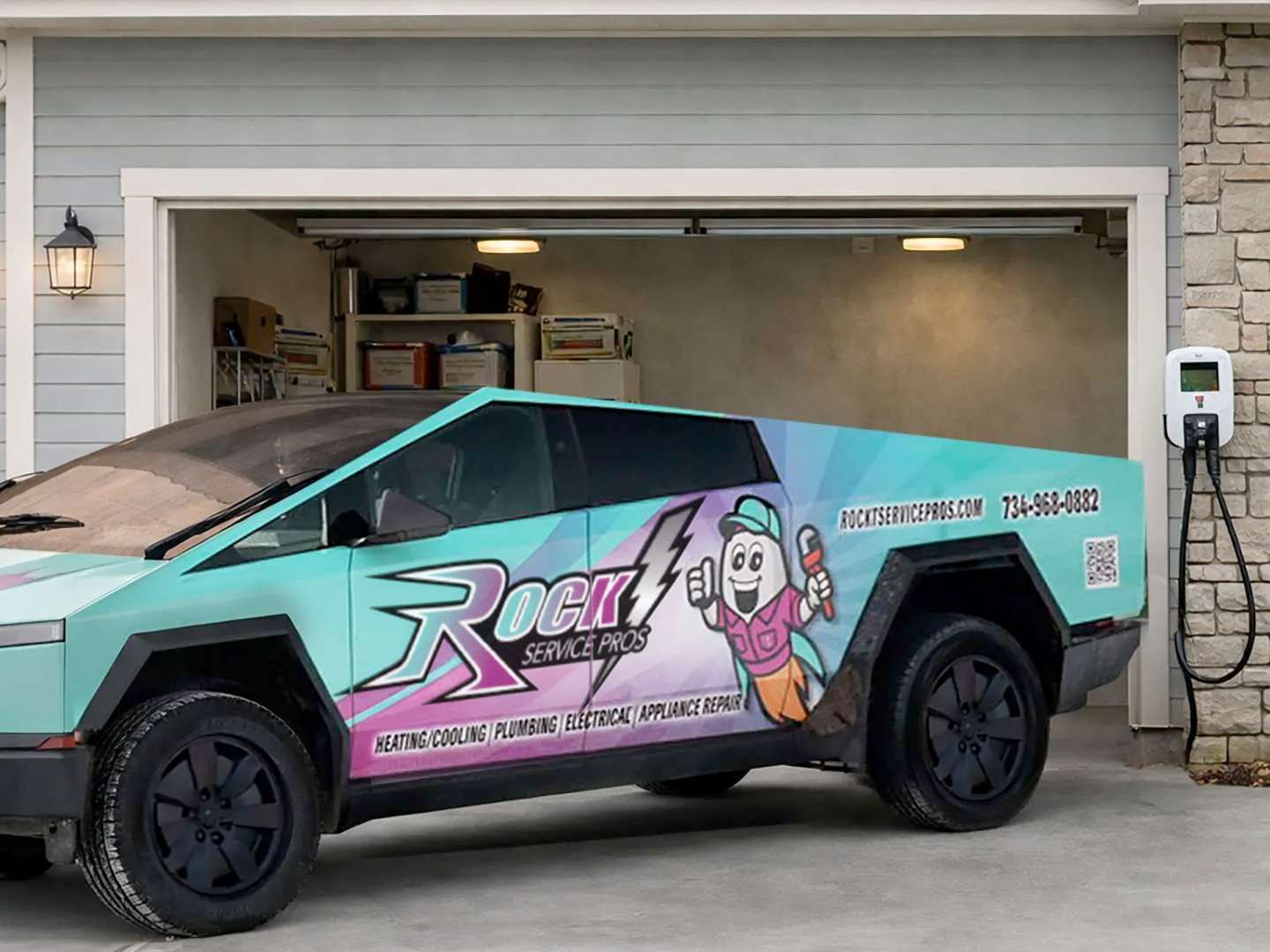 Rock Service Pros EV Tesla Cybertruck parked near an EV Charging station in a home garage